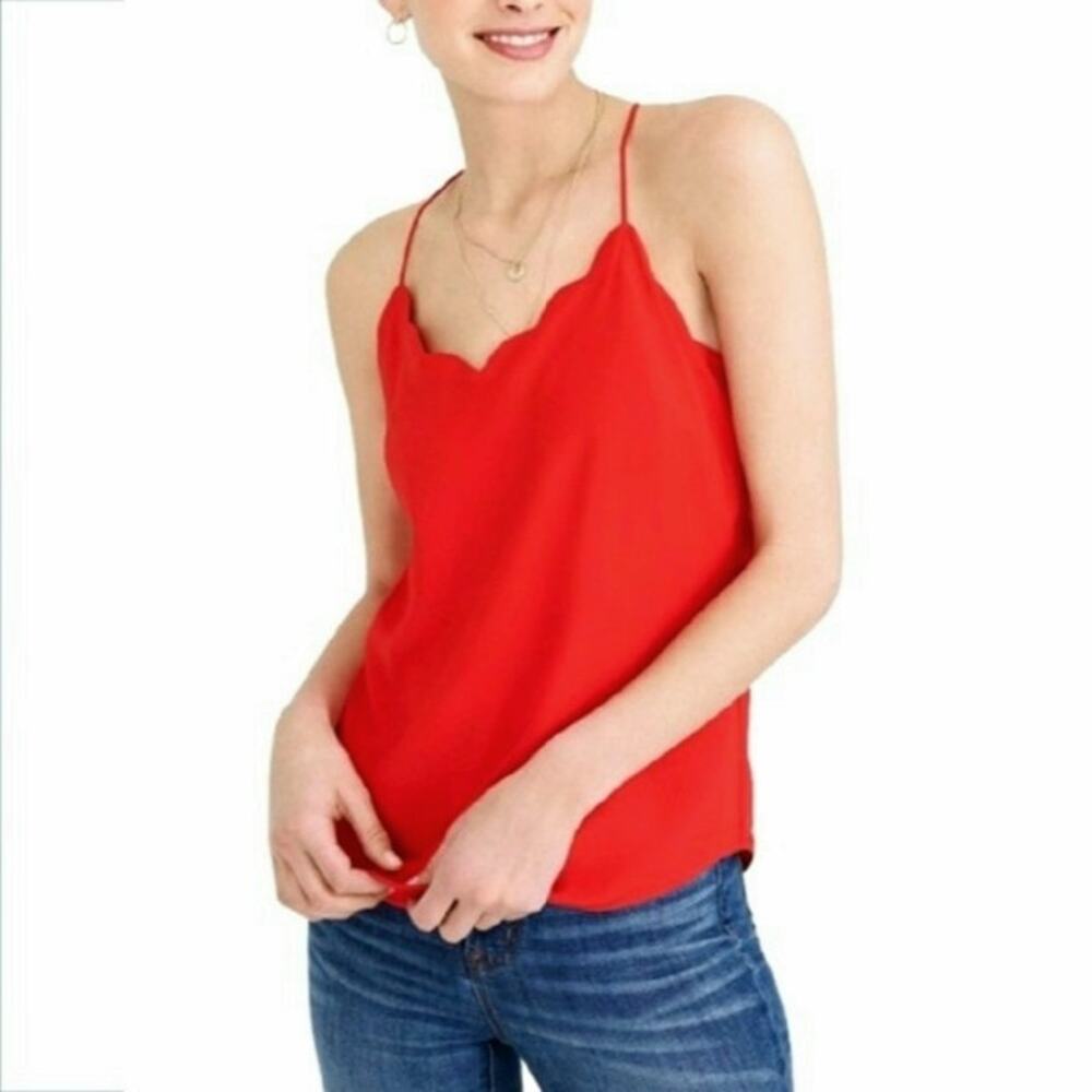J Crew Red Scalloped Cami Tank Top 14 XL Preppy Career Modern Feminine NEW